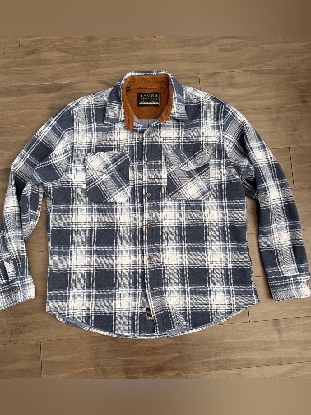 Jachs NY Men's Navy & White Plaid Flannel Shirt Corduroy detail XL